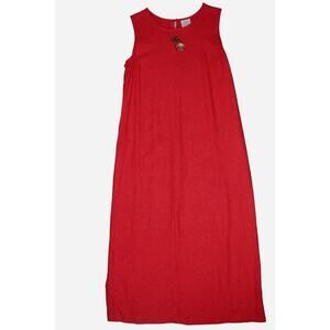 Vtg Linen Maxi Dress Sz 16 Sundress Embroidered Tropical Palm Tree Tiki Hut RED